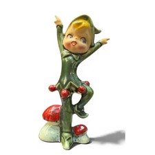 Vintage Pixie Figurine Mushroom Toadstool Ceramic Green Red Kitsch Woodland Art picture