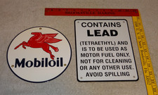 VINTAGE LOT 2 DIECUT PORCELAIN MOBIL MOBILOIL & GASOLINE CONTAINS LEAD OIL SIGN picture
