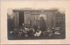 Vintage 1910s Real Photo RPPC Postcard FARM SCENE Woman at Hen House / Chickens picture