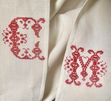Antique 1900s Large French Homespun Linen Sheet Red Work Monogram B347 picture
