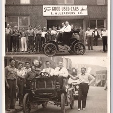 Two RPPC Brookville PA L.A. Leathers Used Car Dealer Ford Auto History Postcards picture