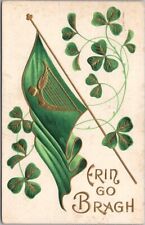 1908 ST. PATRICK'S DAY Greetings Postcard ERIN GO BRAGH / Green Flag & Clover picture