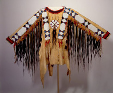 Native Old Style Beige Buckskin Suede Hide Fringes Beaded Powwow War Shirt NHS09 picture