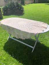 Antique French Large Cream Hand Crochet Lace Cotton Round Tablecloth c1900 5 ft picture
