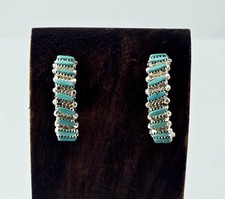 Vintage Zuni Turquoise Needlepoint Sterling Silver Half Hoop Earrings - 3.8g picture