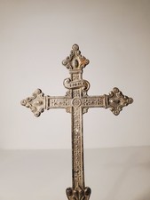 ANTIQUE 19C ORNATE ALTAR CRUCIFIX STANDING METAL SILVER CATHOLIC 9