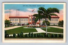 Hollywood FL-Florida, City Hall, Early Autos, Gardens, Vintage c1943 Postcard picture