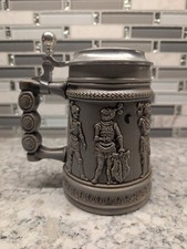 Vintage West German Stoneware Beer Stein - Medieval Knights Relief - DBGM Pewter picture