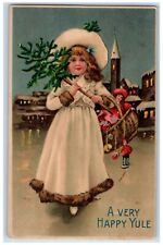 c1910's Christmas Tree Happy Yule Pretty Girl Toys In Basket Antique Postcard picture