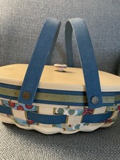 Longaberger Med Oval Storage Basket w/ Lid & Handle Floral Woven Wood & Insert picture