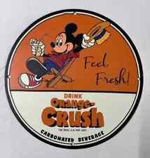 RARE ORANGE CRUSH MICKEY MOUSE PINUP PORCELAIN GAS & OIL PUMP SODA BEVERAGE SIGN picture