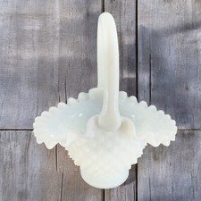 Early Fenton White Milk Glass Basket Bowl With Handle Vintage Glassware Unmarked picture