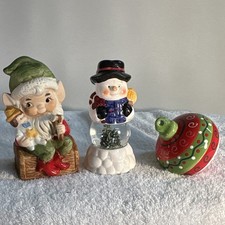 3pc Christmas Hand Painted Figurines Elf/Gnome, Snowman, Salt Shaker Ornament picture