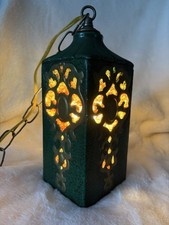 Vintage MCM Hollywood Regency Green Ceramic Swag Lamp Crushed Slag Chunk Glass picture