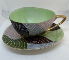 MCM Ardalt Lenwile Cup & Saucer Moriage Ceramic Springtime Triangle Japan 1950s picture
