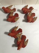 (6) Vtg RED Flocked w/GOLD Glitter Dove/Bird Christmas Ornaments 3.75 x 2.5  (B) picture