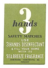 Vintage Matchbox Label 3 Hands Safety Matches Disinfectant Fragrance c1940's50's picture
