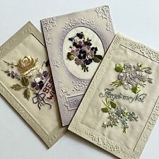 Antique Tuck Embossed Beautiful Embroidered Silk Postcard Lot Forget Me Not picture