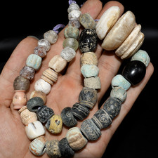 Ancient Near Eastern Glass Eye Beads Strand Antique Terra Cotta Spindle Whorl picture