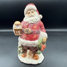 VTG Ceramic Santa Claus Holding Wreath and Lantern Glittered Christmas W/ Puppy picture