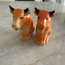 Vintage Czechoslovakia Orange Cow Creamers Pair Hand Painted Czech Pottery picture