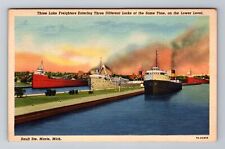 Sault Ste Marie MI-Michigan, Three Lake Freighters, Antique, Vintage Postcard picture