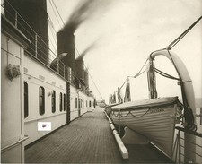 Lusitania Boat Deck, Reprint image w Funnels and Lifeboat, very clear picture