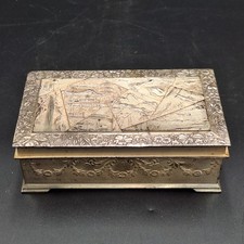 Vintage Japanese Silver Plate Repousse Trinket Jewelry Box Footed Scene picture