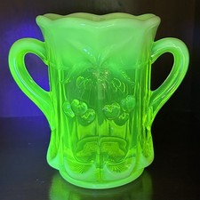 Mosser Vaseline Glass Topaz Opalescent Spooner In Cherry & Cable Uranium Glows picture