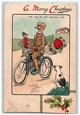 1905 Merry Christmas Man Pipe Riding Bicycle Woman Fell Dog Tucks Postcard picture