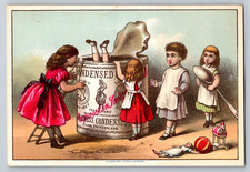 1880s Victorian Trade Swiss Card Condensed Milk Girls, Giant Can 3 x 4.5 in picture