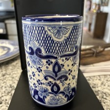Vtg. Mexican Talavera Tumbler - Blue & White Hand-Painted Pottery Signed Vazquez picture