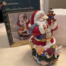 Traditions Porcelain Christmas Holiday Santa Decorative Keepsake Trinket Box picture