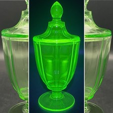 Fostoria Uranium Glass Art Deco Ribbed Optic Fairfax Compote 1927-1941 USA 9”t picture