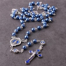 Catholic Town Rosary blue glass pearl beads Enamel Crucifix and Miraculous medal picture