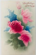 Vintage Birthday Greetings Embossed Postcard Pink and Blue Flowers 1907 picture