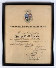 1934 Delta Tau Delta Fraternity Certificate George Flett Buckle Framed picture