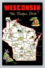 WI-Wisconsin, General Greeting, State Road Map, Landmarks, Vintage Postcard picture