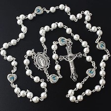 Catholic Town Glass Pearl Beads with Miraculous Epoxy Heart Metal Beads Rosary picture