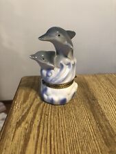 Vintage Dolphin Couple  Trinket Box  Porcelain 4” picture