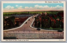 Viaduct, Old Cars, Railroad, Bridge, Motor Traffic. Cheyenne, WY. Postcard picture