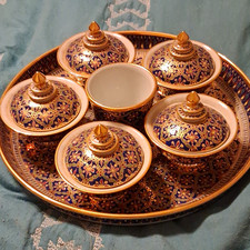 Thai Benjarong Ceramic Tray Set w/ 5 oz 5 Lidded Bowls (6) picture