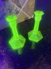 Early Fenton uranium Vaseline glass topaz Iridescent  Glass Candle holders,read picture