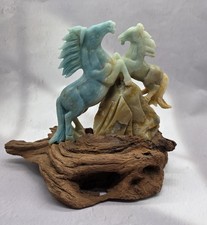 Caribbean Calcite Double Horse Carving Custom Wood Stand 2 Lb 2.5 Oz picture