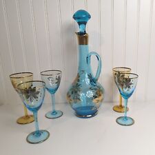 Vintage Blue Gold Glass Bohemian Romanian Wine Decanter Set 5 Glasses Beautiful picture