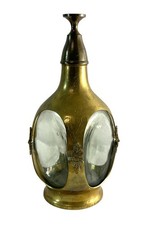 Vintage Indian Solid Brass & Glass Liquor Decanter Flask with Cup Stopper 10” picture