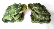 2pc Money Toad 3-leg frog Dark green South China jade fengshui statue home store picture