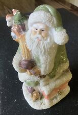 Vintage Glittery Green Santa Figurine With Snow Bringing Presents 6