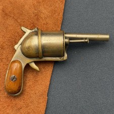 ANTIQUE C1880 REVOLVER GUN FORM MATCH SAFE VESTA BRASS METAL WOOD GRIP NOVELTY picture
