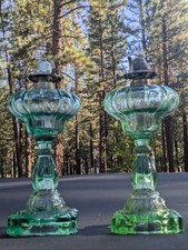 Vintage Pair of Green Depression Glass Oil Lamps - 11